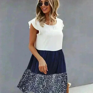 Blue & White Casual Womens Cut And Sew Babydoll Dress